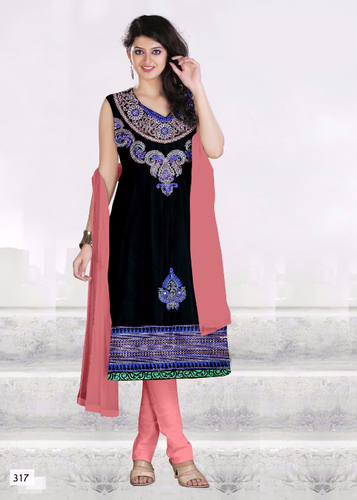 Black Embroidered Cotton Semi-Stitched Suit With Dupatta