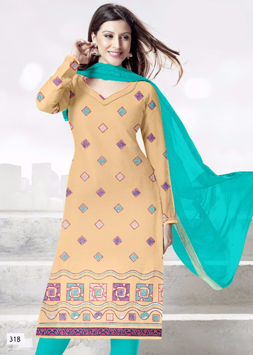 Yellow Embroidered Cotton Semi-Stitched Suit With Sea Green Dupatta - Cotton, Yellow, Sea Green, Casual Wear, Embroidered, Comfortable