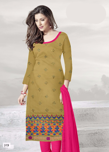Olive Embroidered Cotton Semi-Stitched Suit With Dupatta