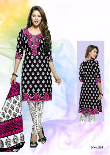 Black Printed Cotton Semi-Stitched Suit With Dupatta