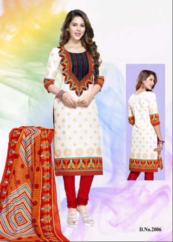 White Printed Cotton Semi-Stitched Suit With Dupatta