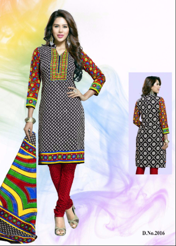 Black Printed Cotton Semi-Stitched Suit With Dupatta