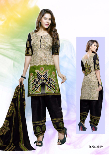 Brown Printed Cotton Semi-Stitched Suit With Dupatta