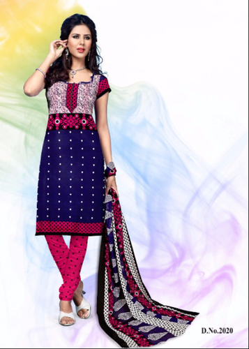 Blue Printed Cotton Semi-Stitched Suit With Dupatta - Blue Kameez, Pink Salwar, Multi-Color Dupatta, Casual Wear, Comfortable Fit