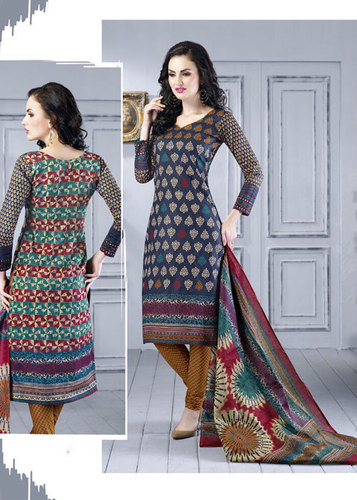 Multi-Color Printed Cotton Semi-Stitched Suit With Dupatta