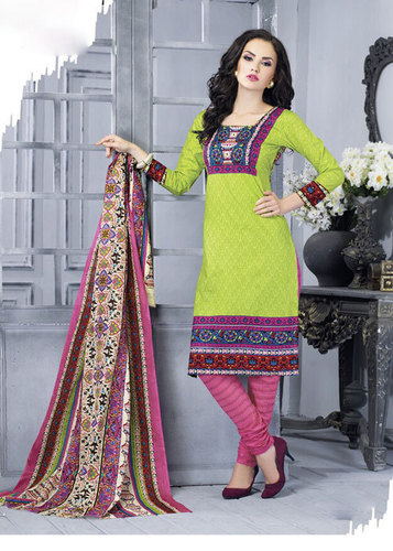 Light Green Printed Cotton Semi-Stitched Suit With Dupatta