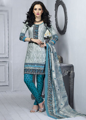 Grey Printed Cotton Semi-Stitched Suit With Dupatta - Grey Kameez, Turquoise Salwar, Multi-Color Dupatta, Casual Wear