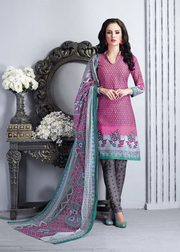 Pink Printed Cotton Semi-Stitched Suit With Dupatta - Cotton Fabric, Pink Kameez, Grey Salwar, Multi-Color Dupatta, Casual Wear