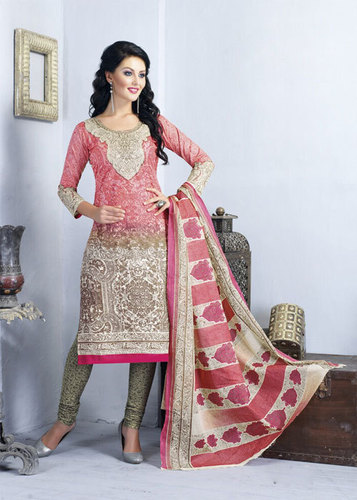 Pink Printed Cotton Semi-Stitched Suit With Dupatta