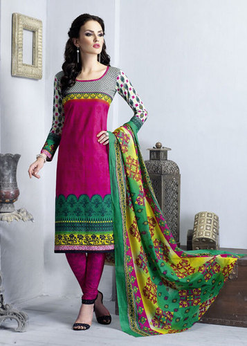Pink Printed Cotton Semi-Stitched Suit With Dupatta - Pink Color, Multi-Color Dupatta, Casual Wear, Stylish Design
