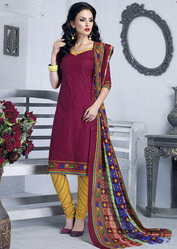 Maroon Printed Cotton Semi-Stitched Suit With Dupatta - Cotton Fabric, Maroon Kameez, Yellow Salwar, Multi-Color Dupatta, Casual Wear