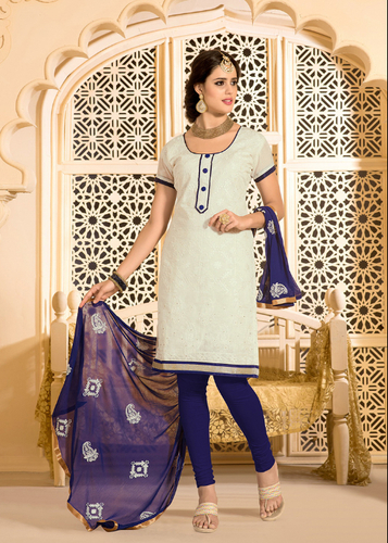 Off White Embroidered Heavy Chanderi Cotton Nazneen Suit With Blue Dupatta - Elegant Casual Wear, Comfortable Fit