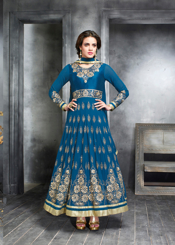 Cerulean Embroidered Georgette & Sliky Net Semi-Stitched Suit With Dupatta