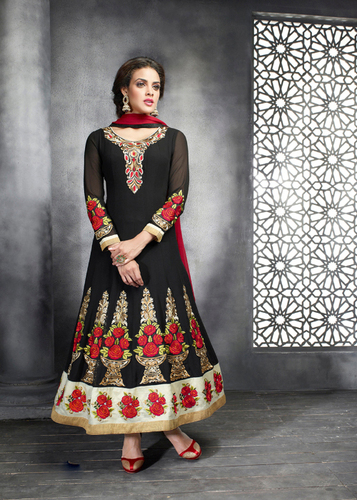 Black Embroidered Georgette & Sliky Net Semi-Stitched Suit With Dupatta - Georgette, Santoon, Nylon, Black with Red Dupatta, Party Wear, Elegant Design, Intricate Embroidery