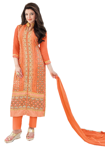 Orange Embroidered Georgette Semi-Stitched Suit With Dupatta