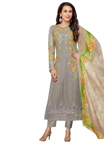 Grey Embroidered Faux Georgette Semi-Stitched Suit With Dupatta
