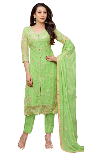 Light Green Embroidered Faux Georgette Semi-Stitched Suit With Dupatta