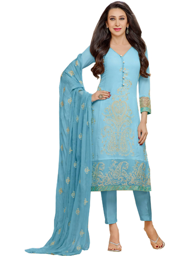 Sky Blue Embroidered Faux Georgette Semi-Stitched Suit With Dupatta