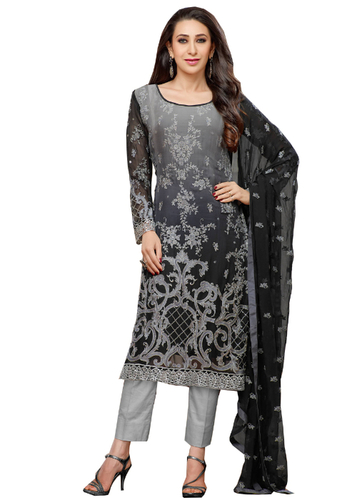 Grey Embroidered Faux Georgette Semi-Stitched Suit With Dupatta - Faux Georgette, Santoon, Pure Naznenn, Grey | Elegant Festival Wear Embroidered Design