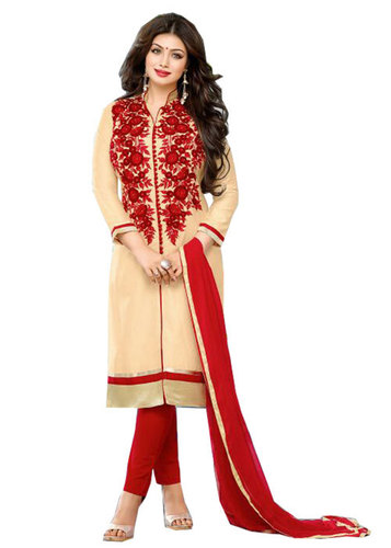 Peach Embroidered Pure Cambric Cotton Semi-Stitched Suit With Dupatta
