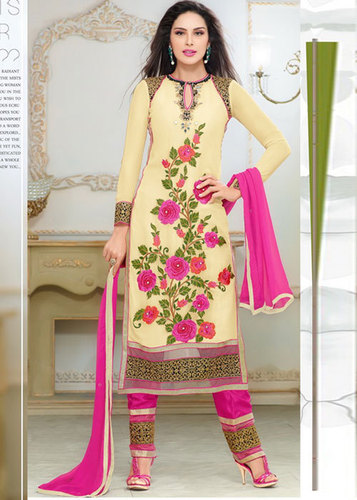 Peach Embroidered Georgette Semi-Stitched Suit With Dupatta - Georgette, Santoon, Nazneen Fabrics, Peach and Pink Colors, Festival Wear, Floral Embroidery