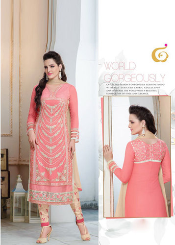 Salmon Embroidered Georgette Semi-Stitched Suit With Dupatta