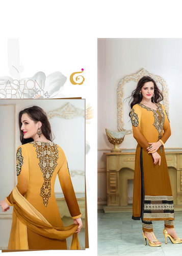 Yellow Embroidered Georgette Semi-Stitched Suit With Dupatta - Georgette, Santoon, Nazneen Fabric, Yellow and Black, Festival Wear, Intricate Embroidery