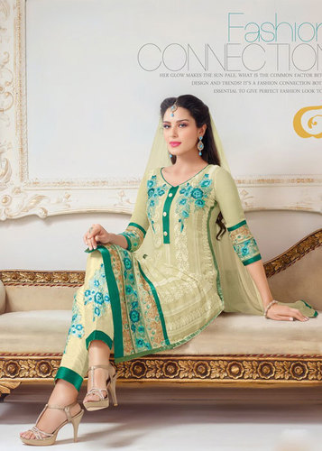 Off White Embroidered Georgette Semi-Stitched Suit With Dupatta