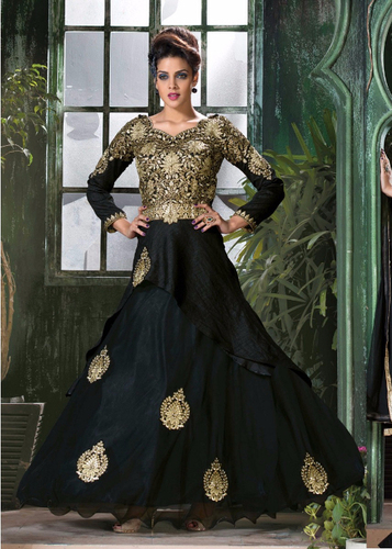 Black Embroidered Soft Net Semi-Stitched Gown With Dupatta