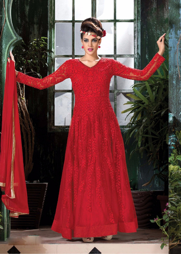 Red Embroidered Soft Net Semi-Stitched Gown With Dupatta
