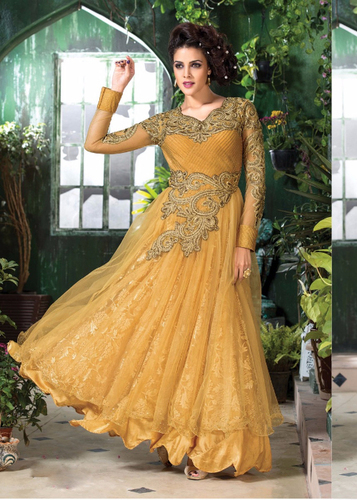 Yellow Embroidered Soft Net Semi-Stitched Gown With Dupatta