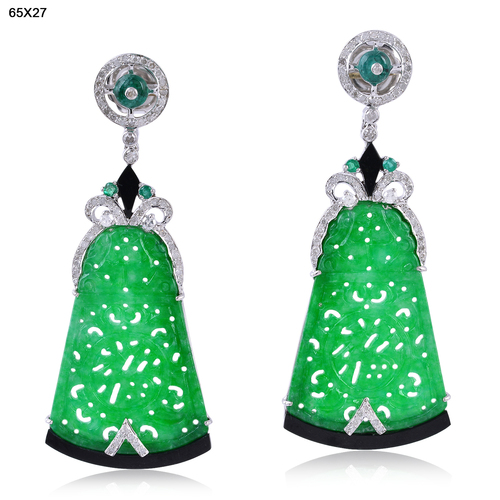 Jade Carved Earrings - 18k Gold & .925 Silver, Jade, Black Onyx, Diamond Pave Prong Ear Climbers, Elegant Design