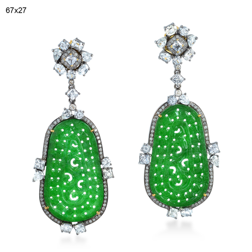 Sapphire Jade Earrings - 18k Yellow Gold & .925 Silver, Pave Diamond, Elegant Carved Design