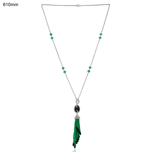 Emerald Carved Tassel Necklace - 18k Yellow Gold & .925 Silver, 61cm Length, Emerald, Diamond & Onyx Stones, Lobster Clasp, Elegant Design