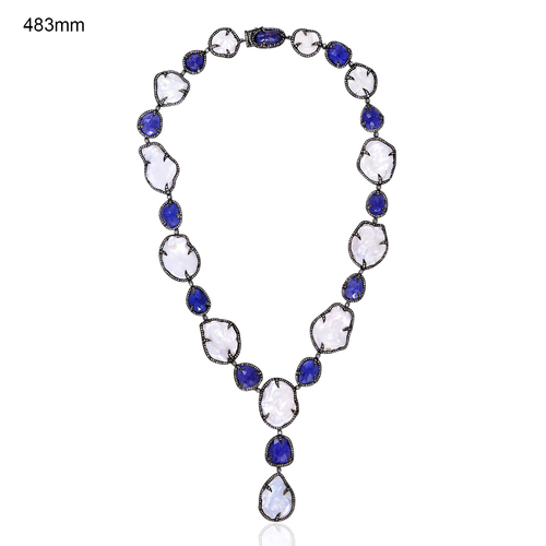 Princess Pearl Necklace - 18k Yellow Gold & .925 Silver, Pearl & Tanzanite, Pave & Prong Setting, 42cm Length