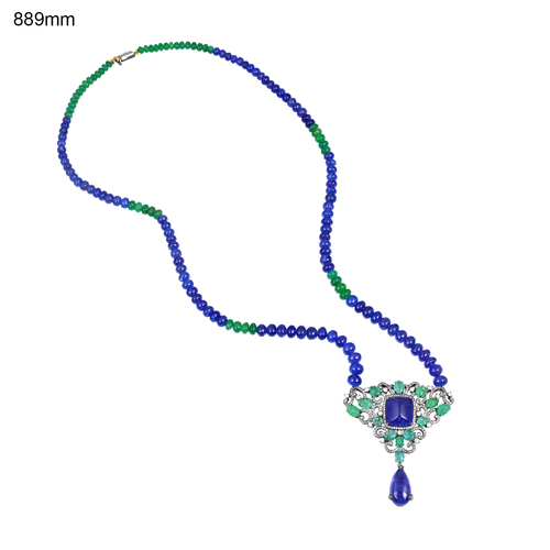 Beautiful Women Necklace - 18k Gold & .925 Silver, Diamond Emerald Tanzanite, Pave & Prong Matinee Design, Elegant Luxury