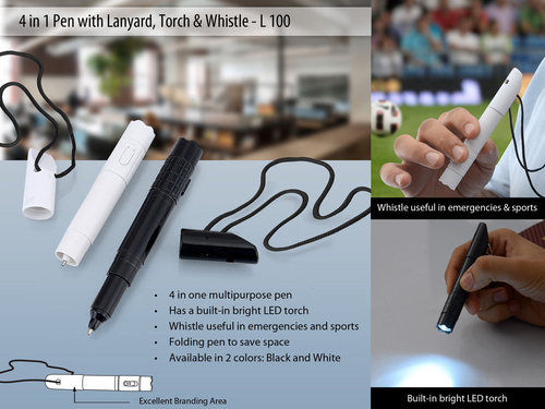 4 in 1 pen with lanyard, torch & whistle