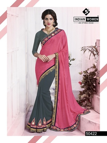 Entire Egyptian Saree - Crepe Jacquard Pallu, Georgette Skirt, Raw Silk Blouse 5.5m, Pink & Grey, Soft Elegant Drape With Hand-Woven Gold Borders