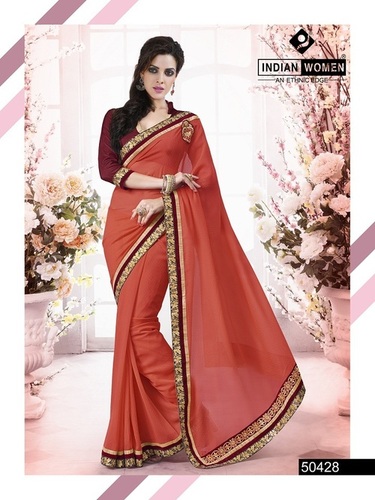 Brasso Faux Chiffon Saree - Georgette Jacquard, 5.5 mtr, Orange with Raw Silk Maroon Blouse, Intricate Floral Border, Wedding Style