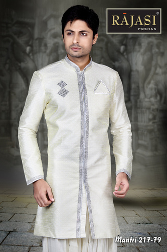 Mens Indo Westurn - Silk Blend, Various Sizes, Off-white | Comfortable Fit, Elegant Design, Embellished Embroidery, Slim Fit, Knee Length, Premium Quality