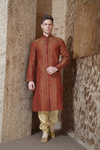 Mens Pintuck Kurta - Silk Blend, Knee Length, Maroon | Comfortable Fit, Durable Material, Elegant Style, Occasion Wear, Stylish Design
