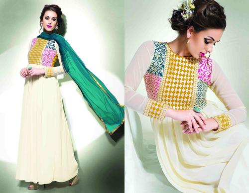 Fancy Anarkali Suit - Semi Stitched Georgette Chiffon Off-White | Embroidered, Comfortable Fit, Versatile Wear