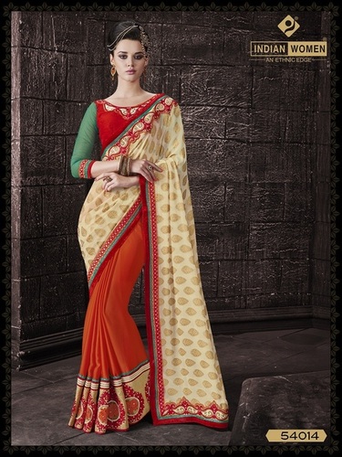 Bridal Banarasi Saree - Georgette Jacquard & Satin Chiffon, 5.50m, Off-White Orange | Elegant Draping, Intricate Embroidery, Soft Fabric