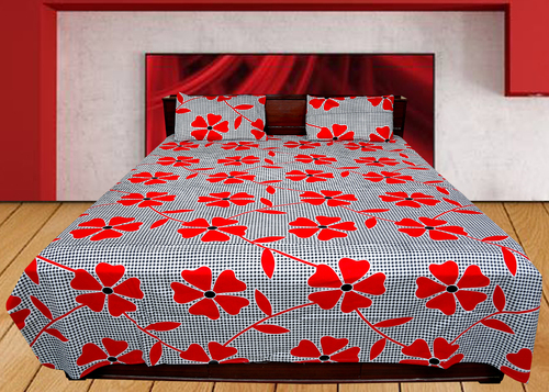Cotton Bed Sheet Floral - 90x100 Inch Double Size, Red | Soft Texture, Easy Wash, Includes 2 Pillow Covers
