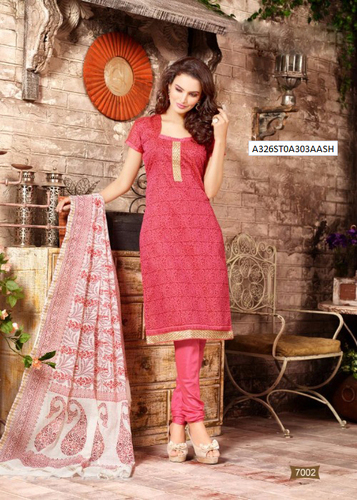 Pink Printed Chanderi Semi-Stitched Suit With Dupatta