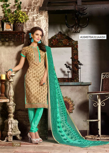 Peach Printed Chanderi Semi-Stitched Suit With Dupatta