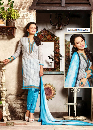 White Printed Chanderi Semi-Stitched Suit With Dupatta