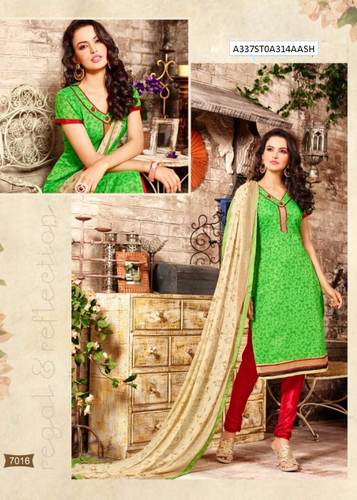 Green Printed Chanderi Semi-Stitched Suit With Dupatta