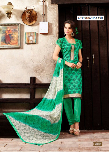 ea Green Printed Chanderi Semi-Stitched Suit With Dupatta