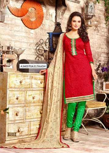 दुपट्टे के साथ रेड प्रिंटेड चंदेरी सेमी-स्टिच्ड सूट